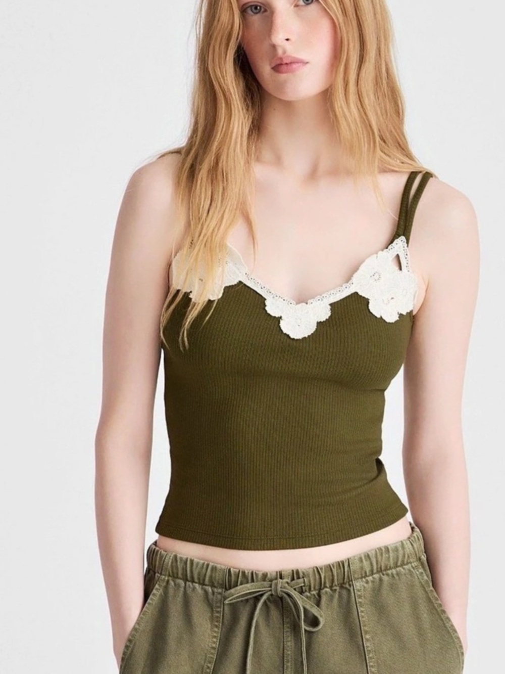 NWT Madewell Embroidered Floral Lace V-Neck Tank Top Size Medium Green Ribbed